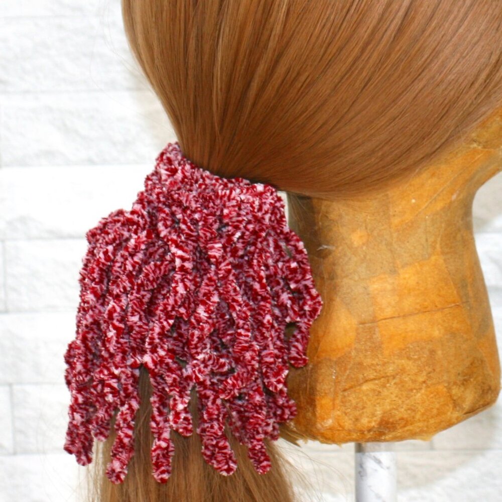 HAND CRAFTED Hair Scrunchie Crochet Chenille Velvet Oversized Fringe Burgundy